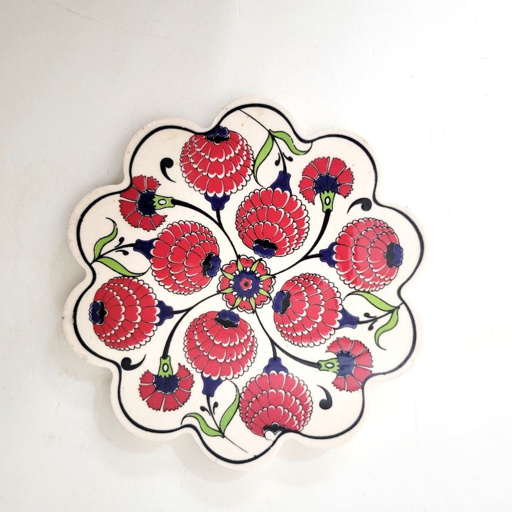 Pottery Floral Trivet Red Flowers